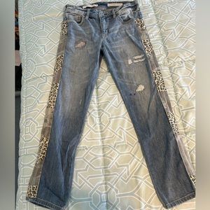 Distressed Boyfriend Jeans with Leopard and Camo Tuxedo Striped Legs (NWOT)